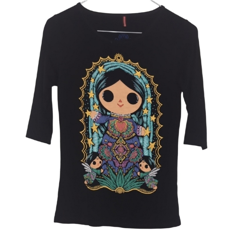 ¡Ay Guey! Women's Small Black‎ Stretch 3/4 Sleeve Saint Bright Graphic Tee Shirt